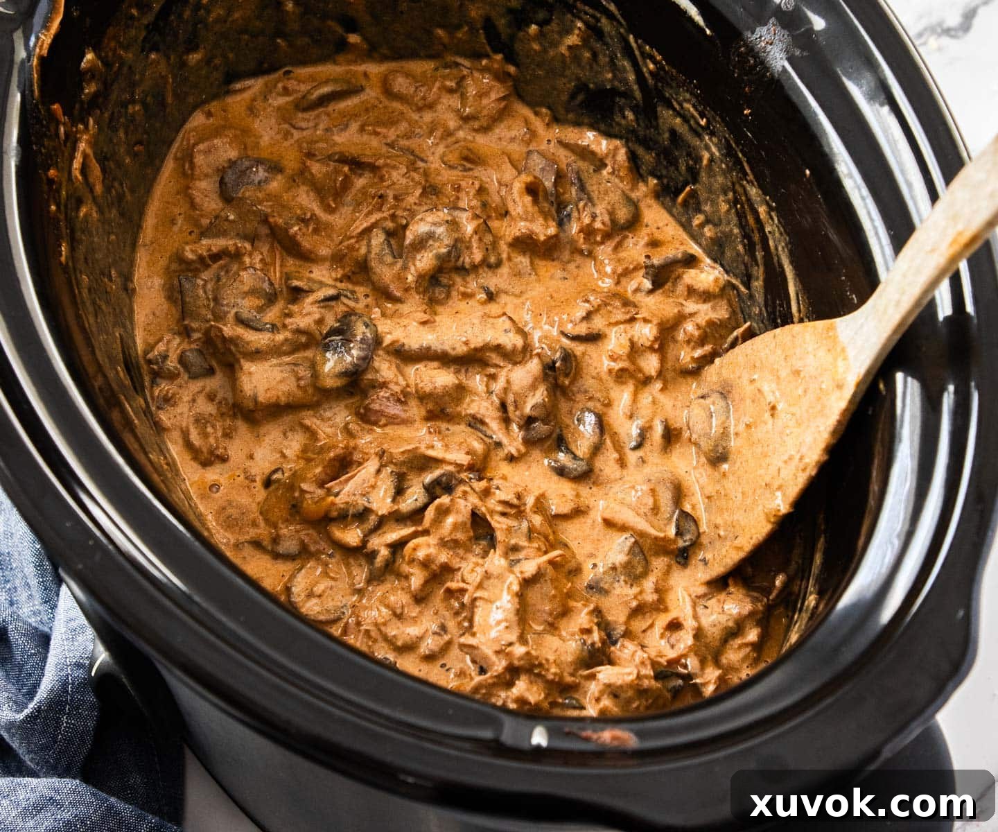 The sour cream stirred in, creating a rich, creamy texture for the stroganoff.