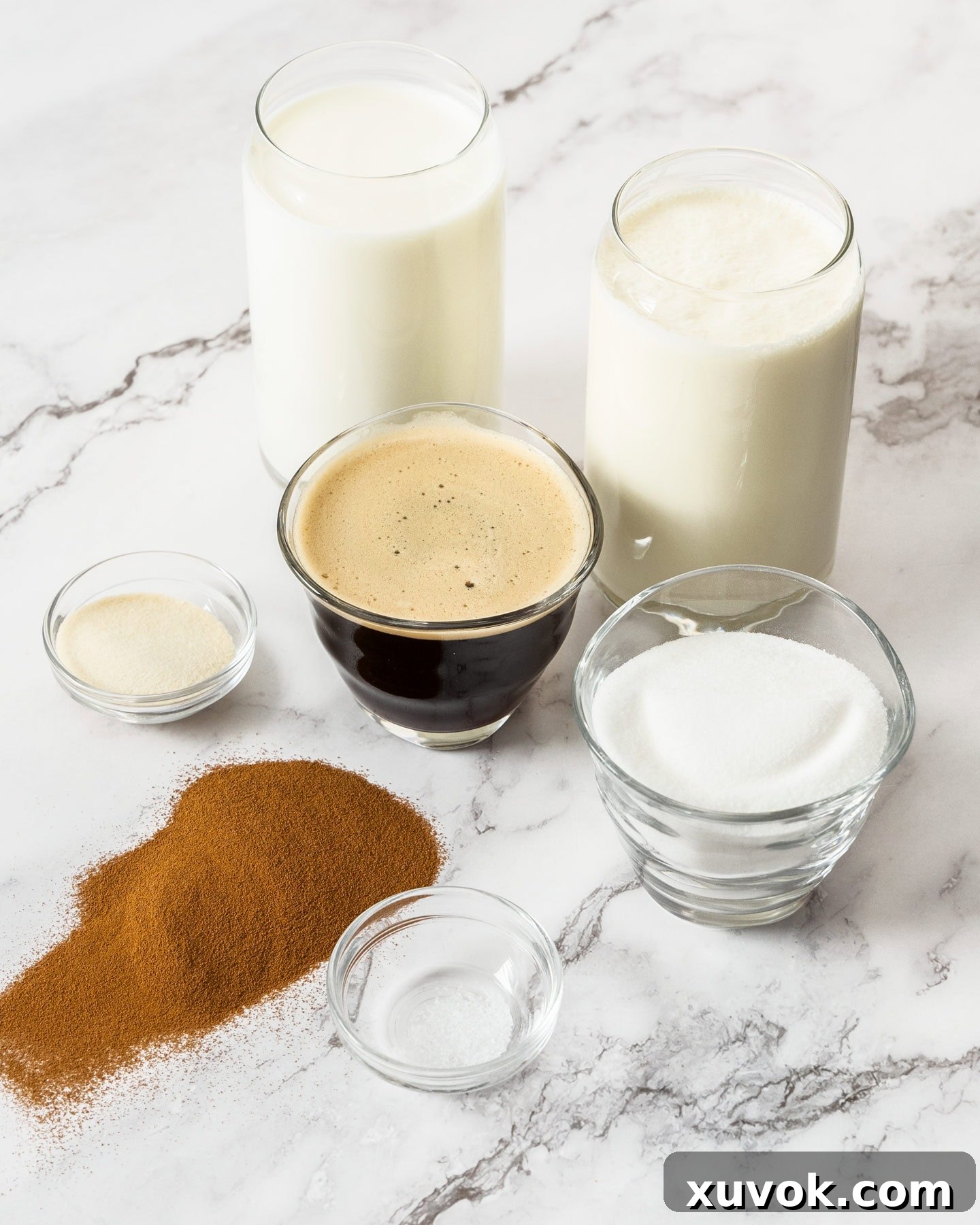 A flat lay of the essential ingredients for coffee panna cotta, including milk, cream, sugar, coffee, and gelatin.
