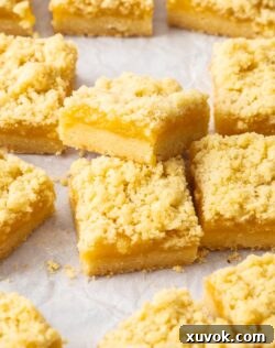 A lemon curd bar propped up against a second one to show the filling inside.
