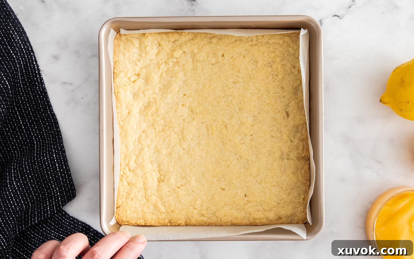 The shortbread mixture after baking for 20 minutes - the edges are golden.