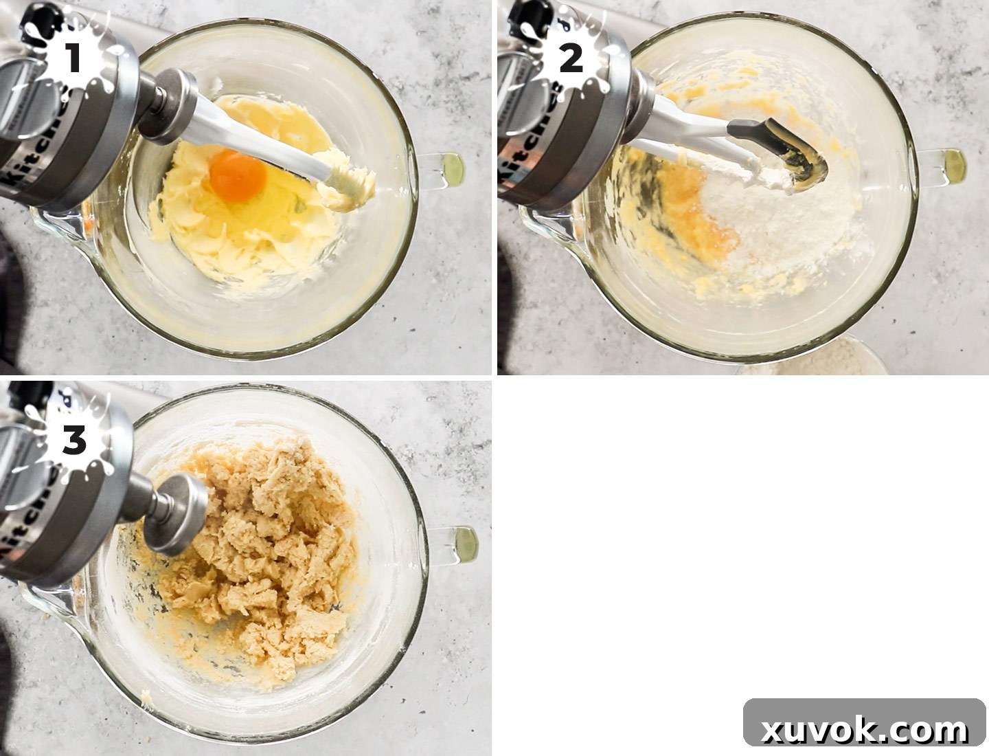 A collage demonstrating the initial steps of making shortcrust pastry, from mixing ingredients to forming a ball.