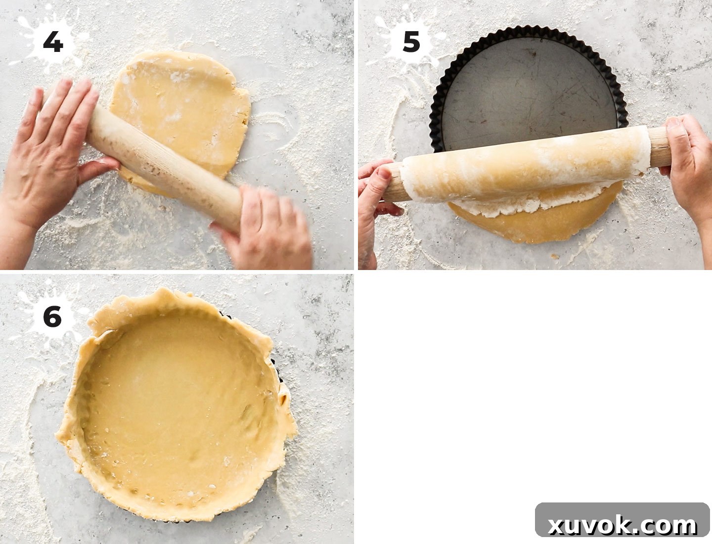 A collage illustrating how to roll out and shape the shortcrust pastry into a tart shell.
