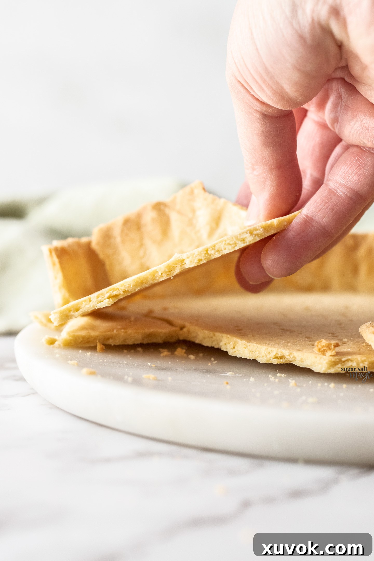 A close-up of a broken piece of shortcrust pastry, revealing its delicate, crumbly internal texture.