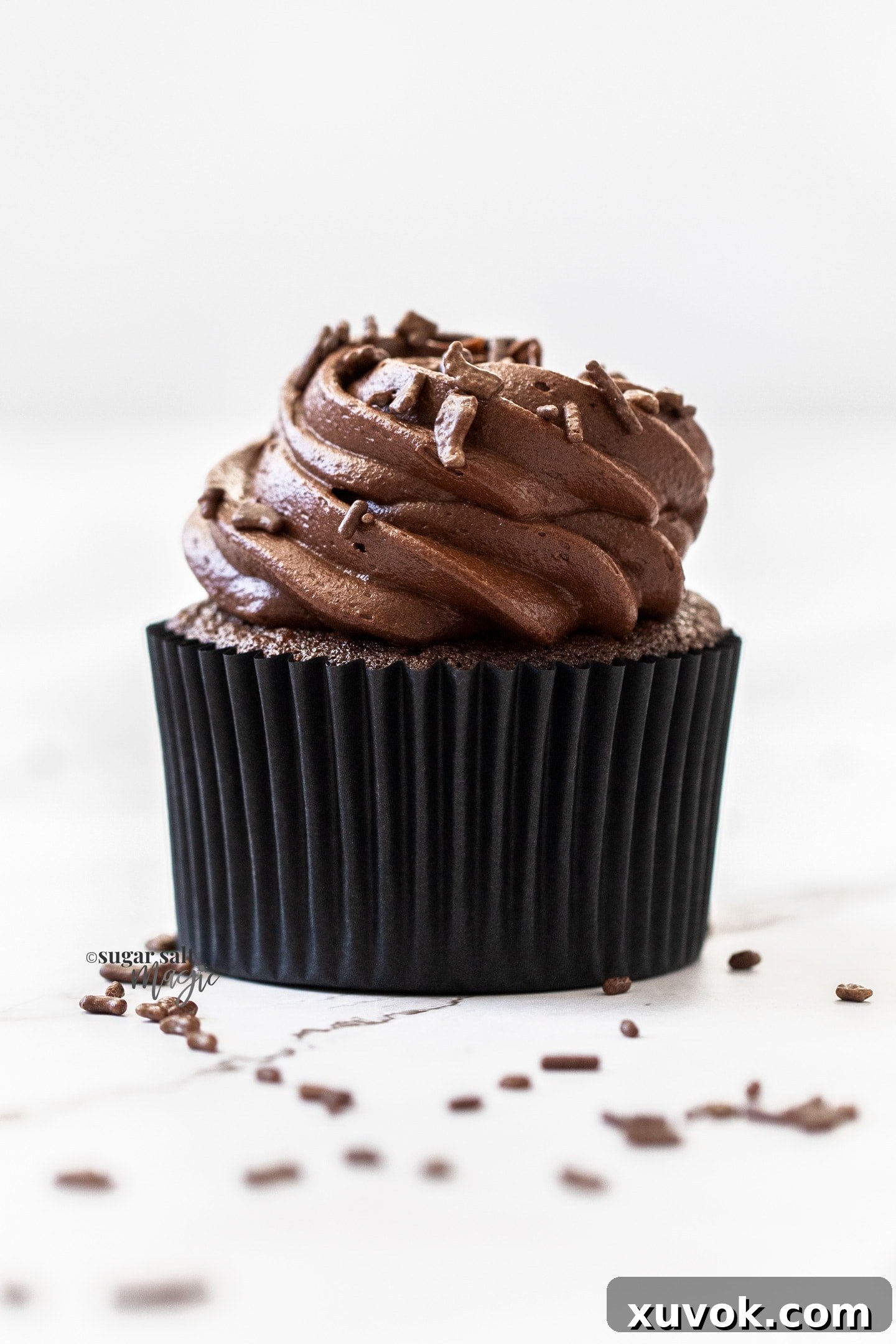 A close-up view of a single, perfectly frosted chocolate fudge cupcake, showcasing its rich texture and tempting appeal.