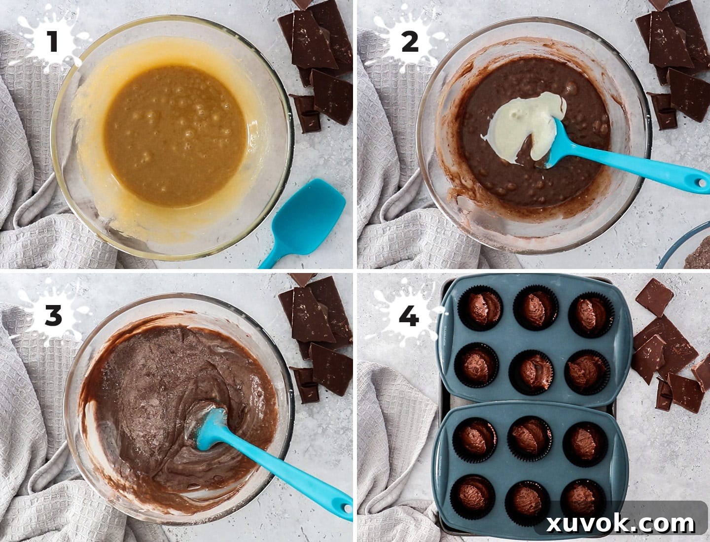 A step-by-step visual guide (collage of 4 images) illustrating the key stages of making perfect chocolate cupcakes.