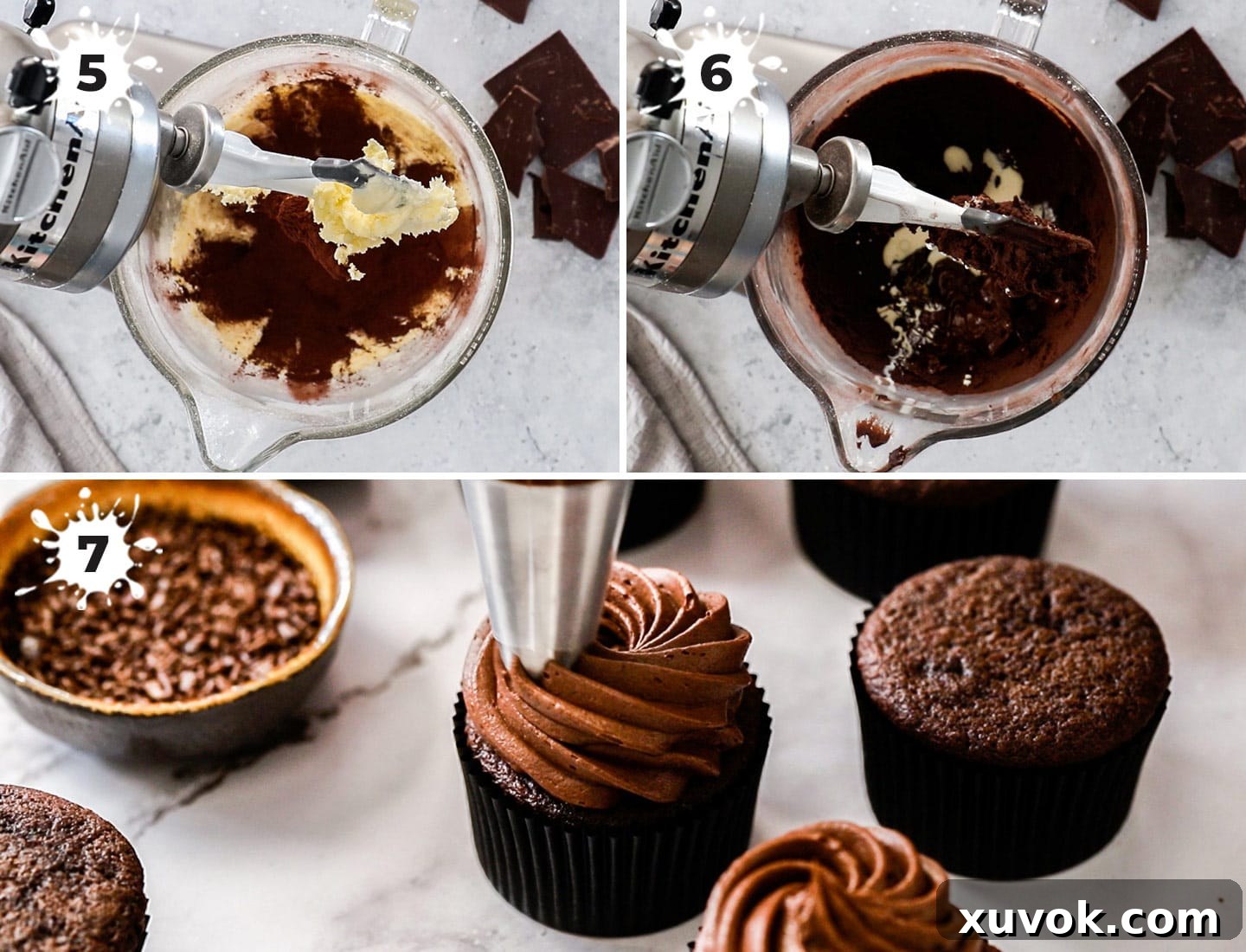 A collage of 3 images demonstrating the process of making the luscious chocolate fudge frosting.