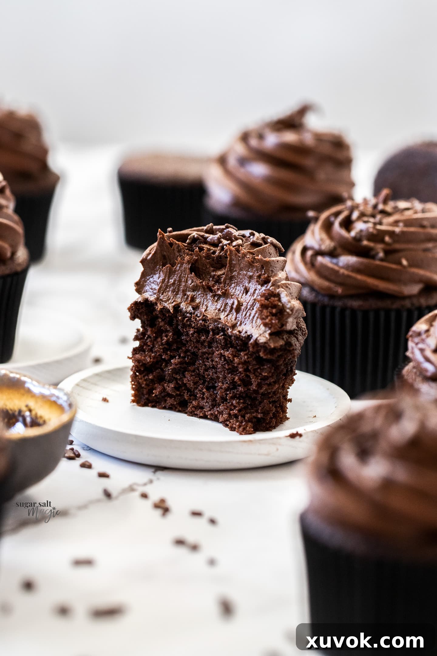 A chocolate fudge cupcake cut cleanly in half, revealing its moist and tender chocolate interior.