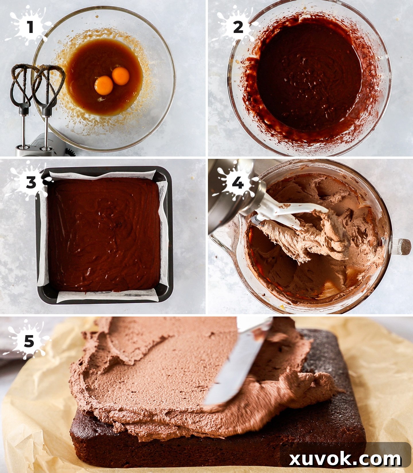 A visual collage illustrating the simple step-by-step process of making a one-bowl chocolate cake.