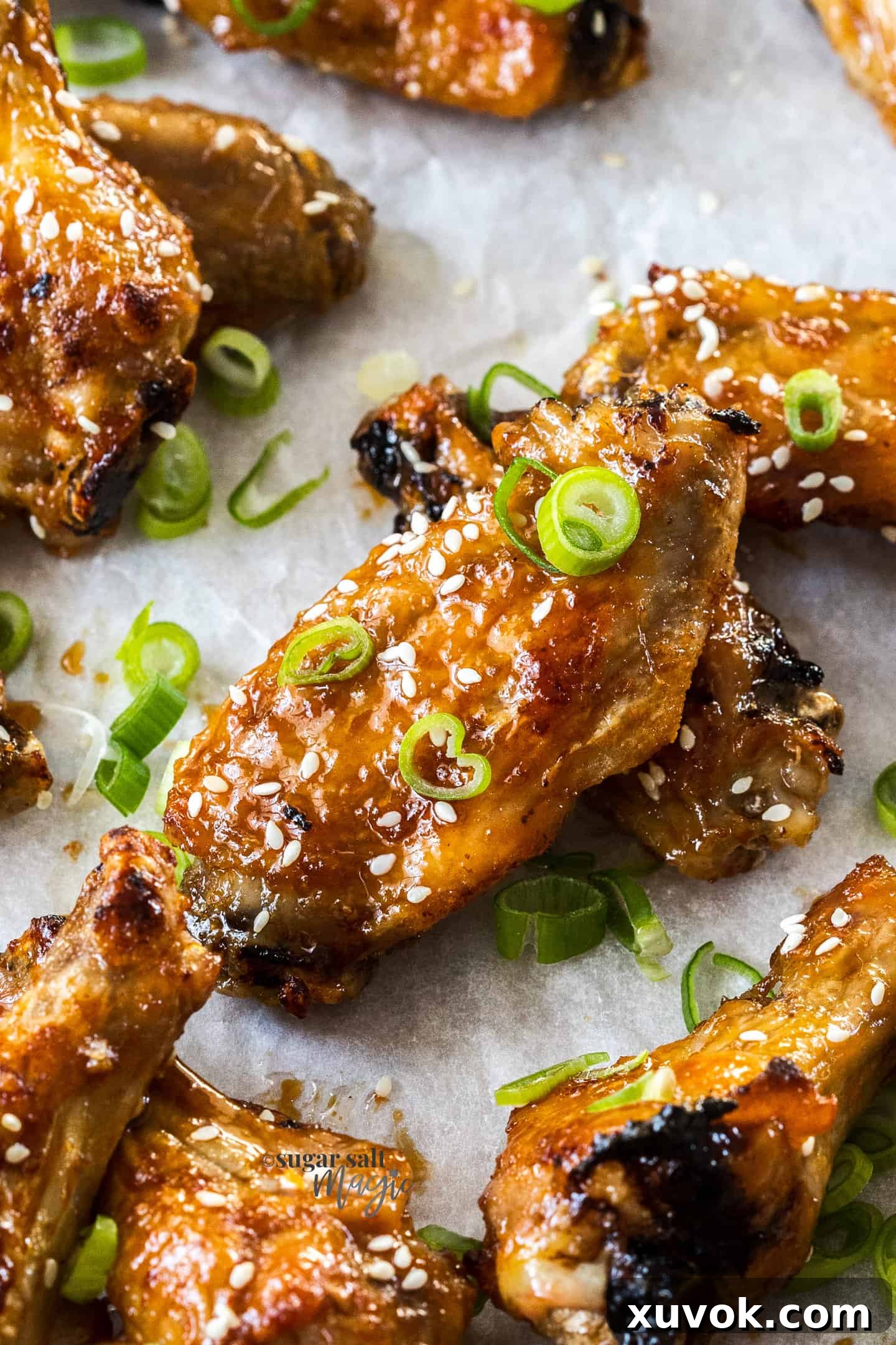 A delicious closeup of a sticky, glistening honey soy chicken wing, showcasing its crispy skin and rich glaze.