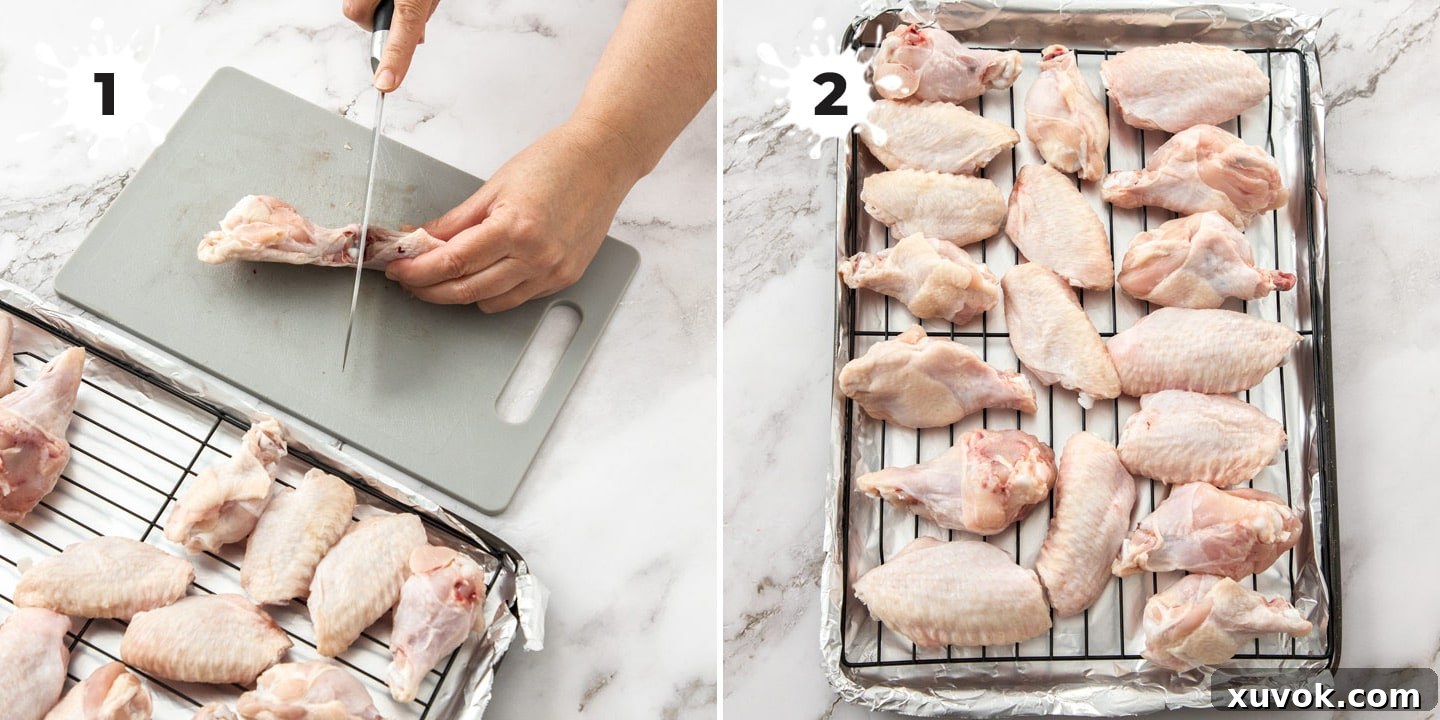 Steps showing chicken wings being cut at the joint and then placed on a wire rack on a baking sheet to dry.