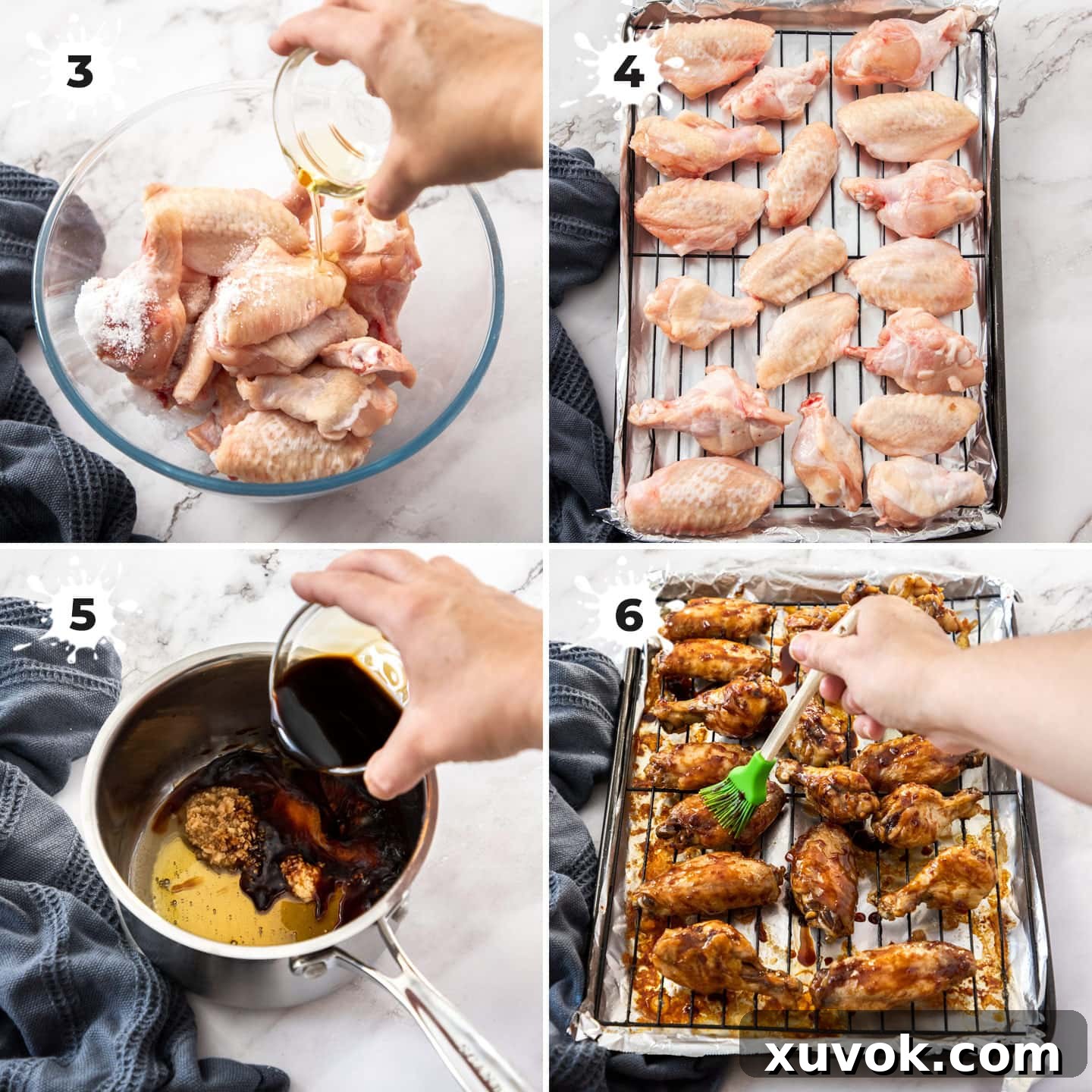 A four-panel image illustrating the steps of making sticky chicken wings: tossing in seasoning, baking, making the sauce, and coating the baked wings in sauce.