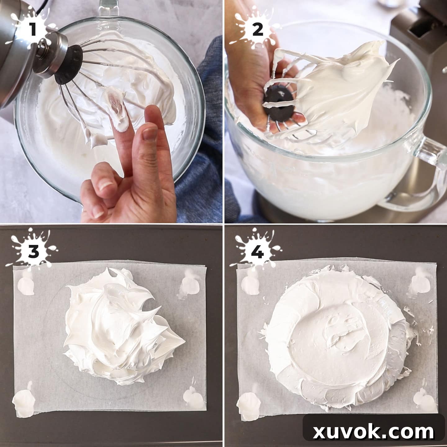 A collage of photos showing various stages of making pavlova, from whipping egg whites to shaping the meringue.