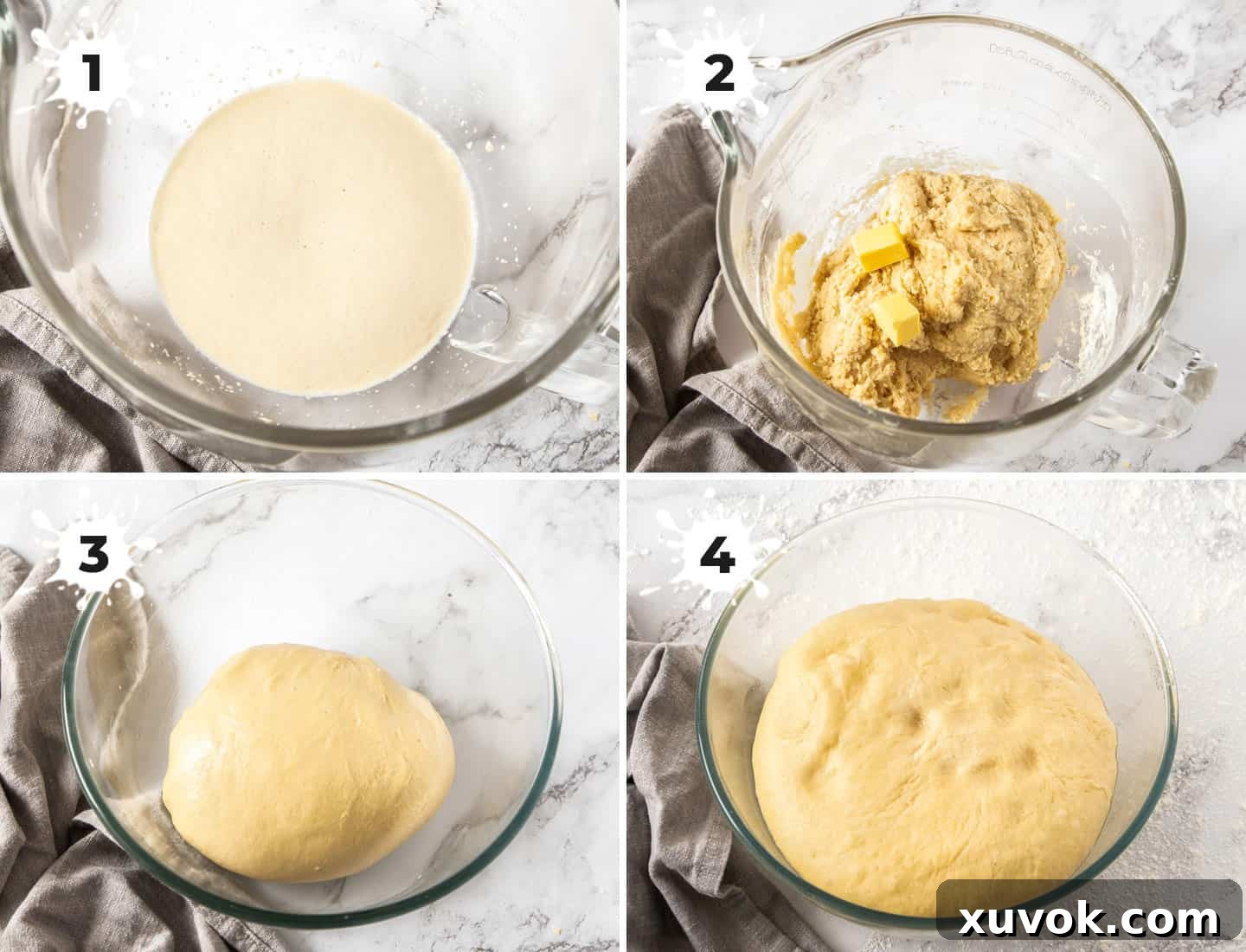 A collage of 4 images showing the steps to make soft, fluffy doughnut dough: activating yeast, mixing dough, first rise, and doubled dough.