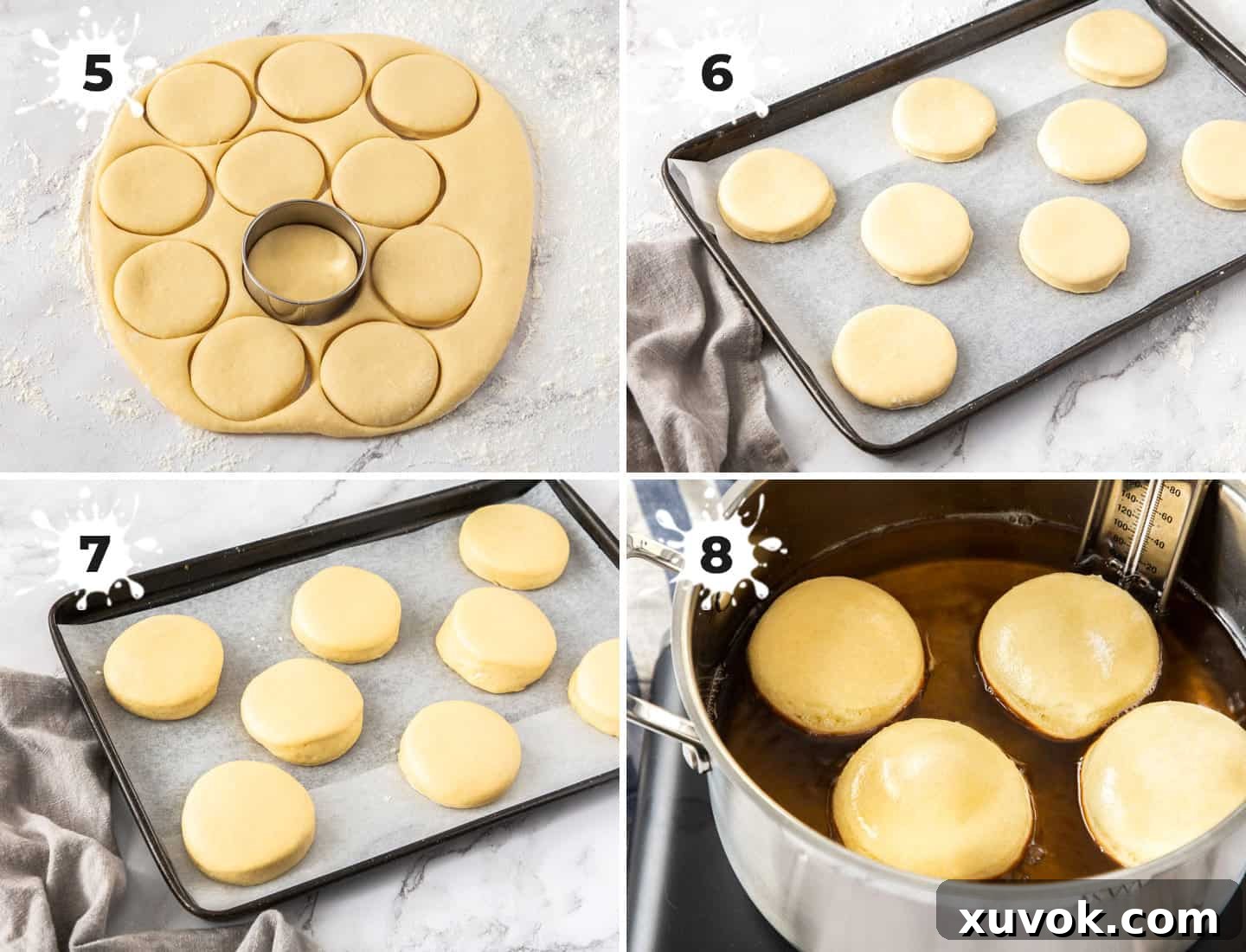 A collage of 4 images illustrating the process of shaping and frying homemade caramel doughnuts: rolling dough, cutting circles, second rise, and frying in hot oil.