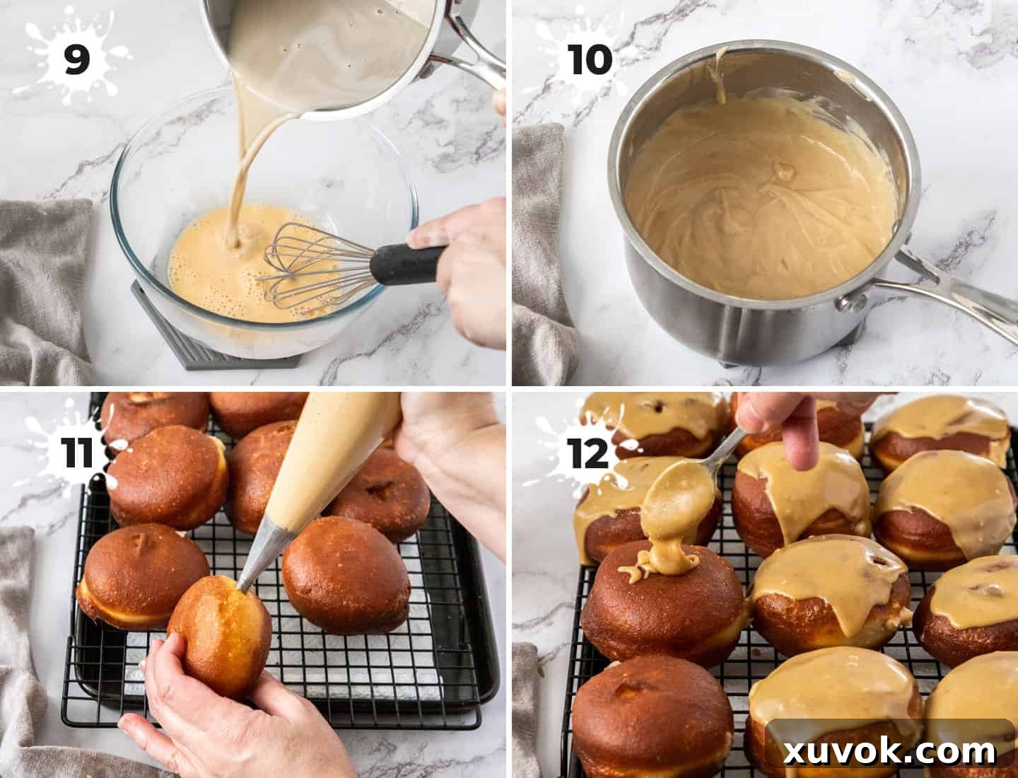 A collage of 4 images detailing the creation of brown sugar custard for caramel doughnuts: heating milk and sugar, mixing eggs and cornflour, cooking thickened custard, and piping into doughnuts.