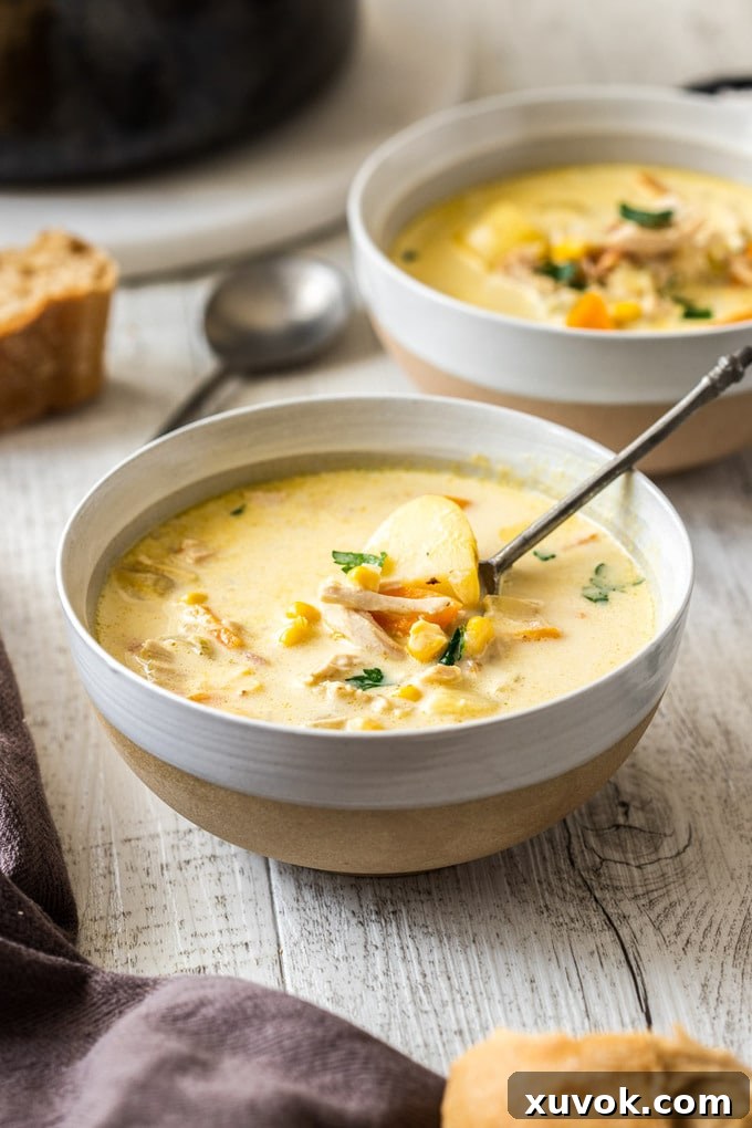 Two bowls of creamy turkey corn chowder, one in the foreground, garnished with fresh parsley.