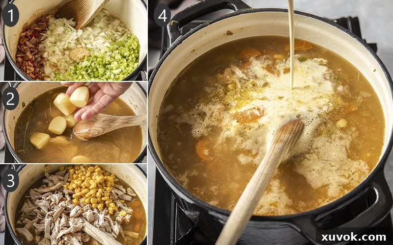 A four-panel collage showing the cooking steps: sautéing bacon, adding vegetables, simmering with stock, and adding turkey and cream.