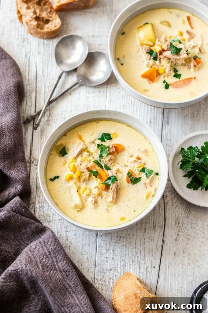 A comforting bowl of creamy turkey corn chowder, with a blurred second bowl in the background.