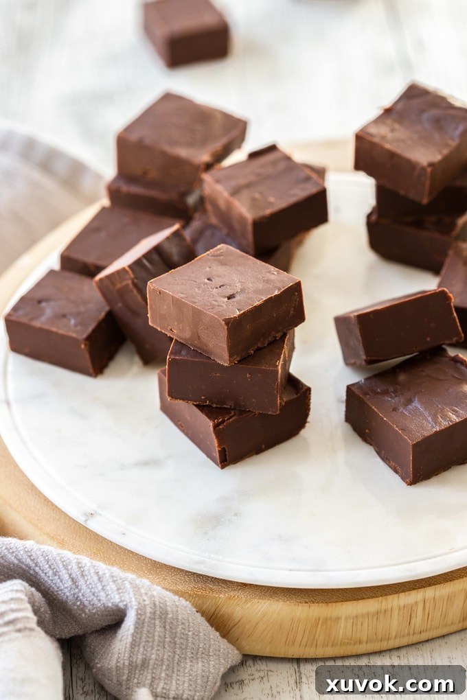 A beautiful arrangement of dark chocolate fudge pieces, freshly cut and ready to enjoy, displayed on a pristine white marble platter.