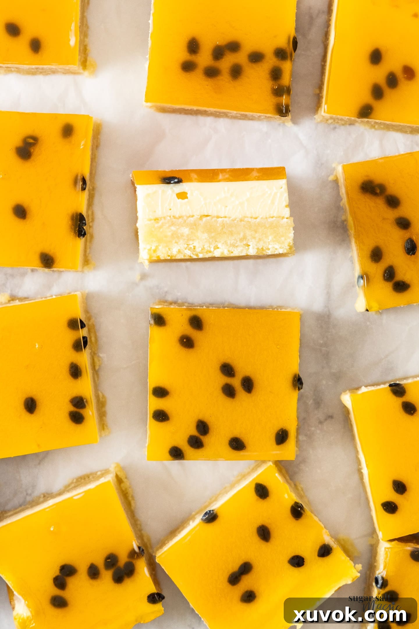A beautifully arranged selection of passionfruit slices, with one positioned on its side to showcase its distinct layers.