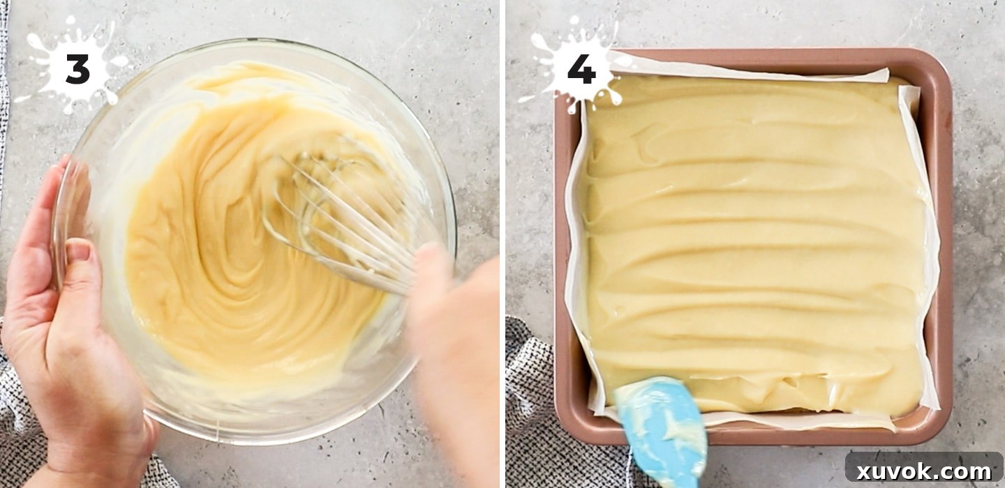 The creamy passionfruit filling being carefully poured over the baked shortbread base in the baking pan.