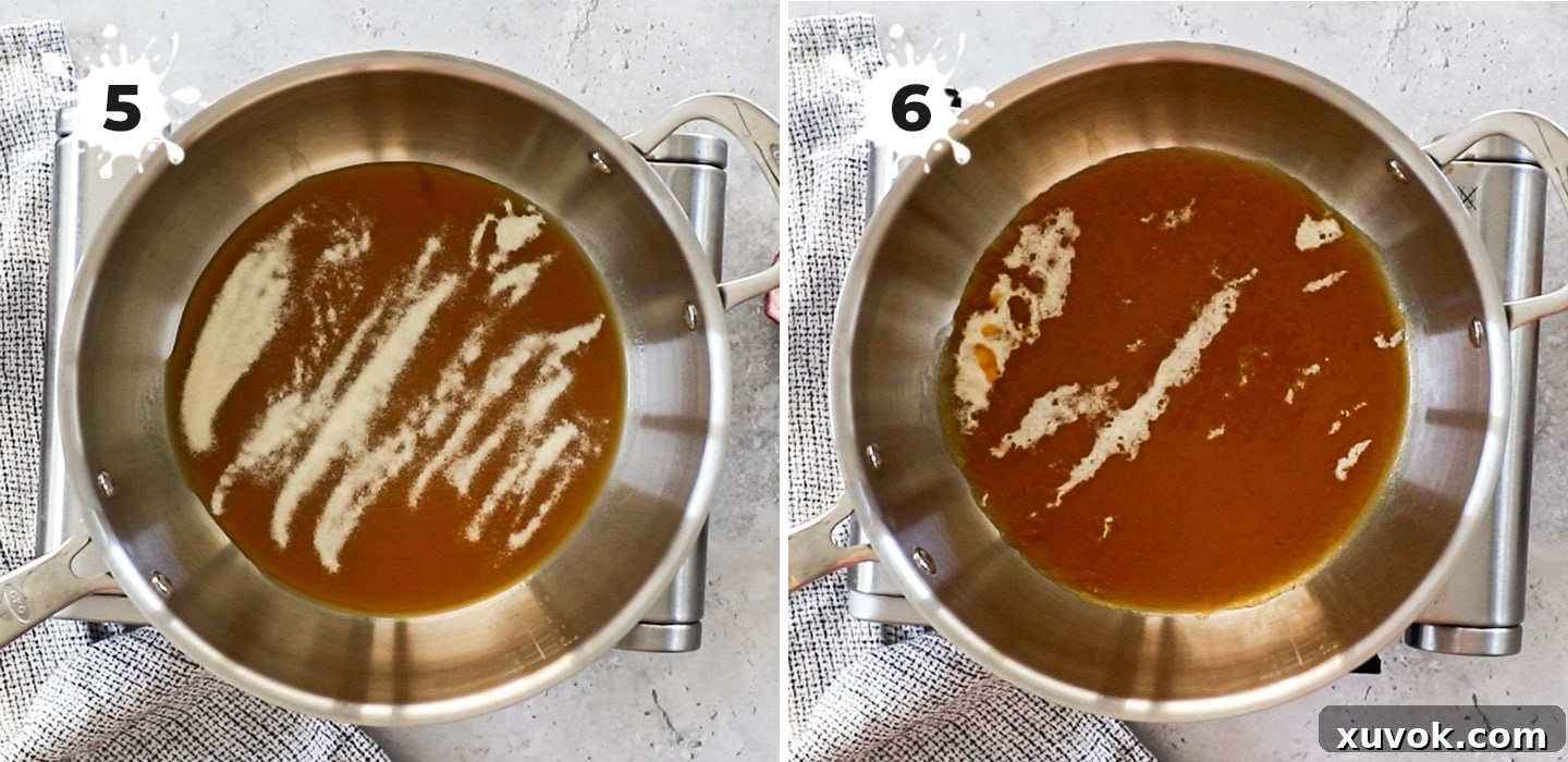 Powdered gelatine being sprinkled evenly over passionfruit puree in a small saucepan.