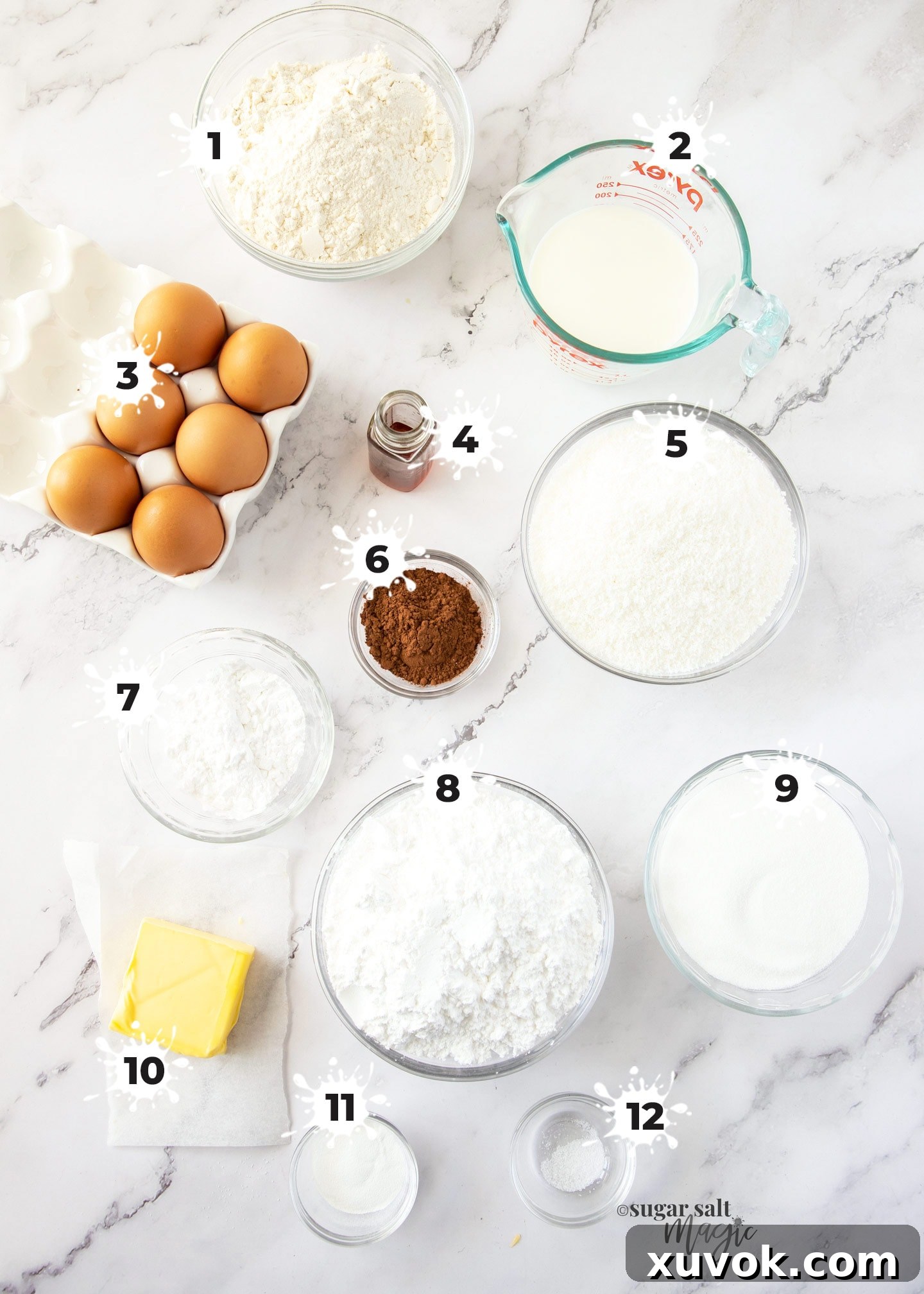 Ingredients for lamingtons on a white marble bench top.
