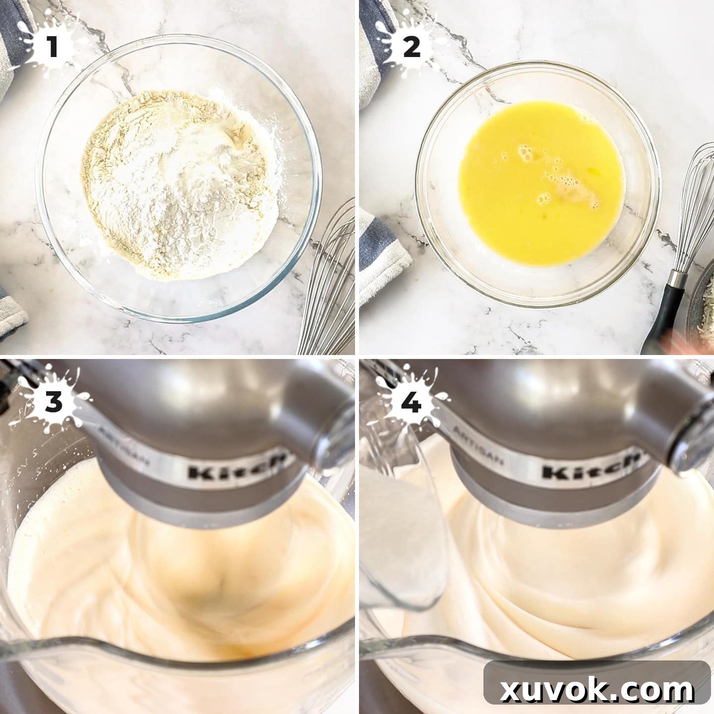 Putting together ingredients for cake in a glass bowl and stand mixer.