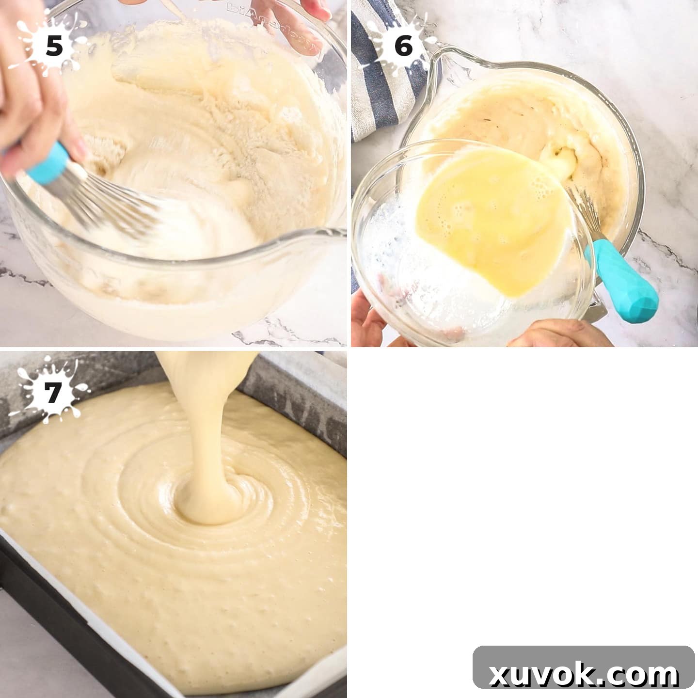 Cake batter being mixed in a glass bowl and poured into a cake tin.