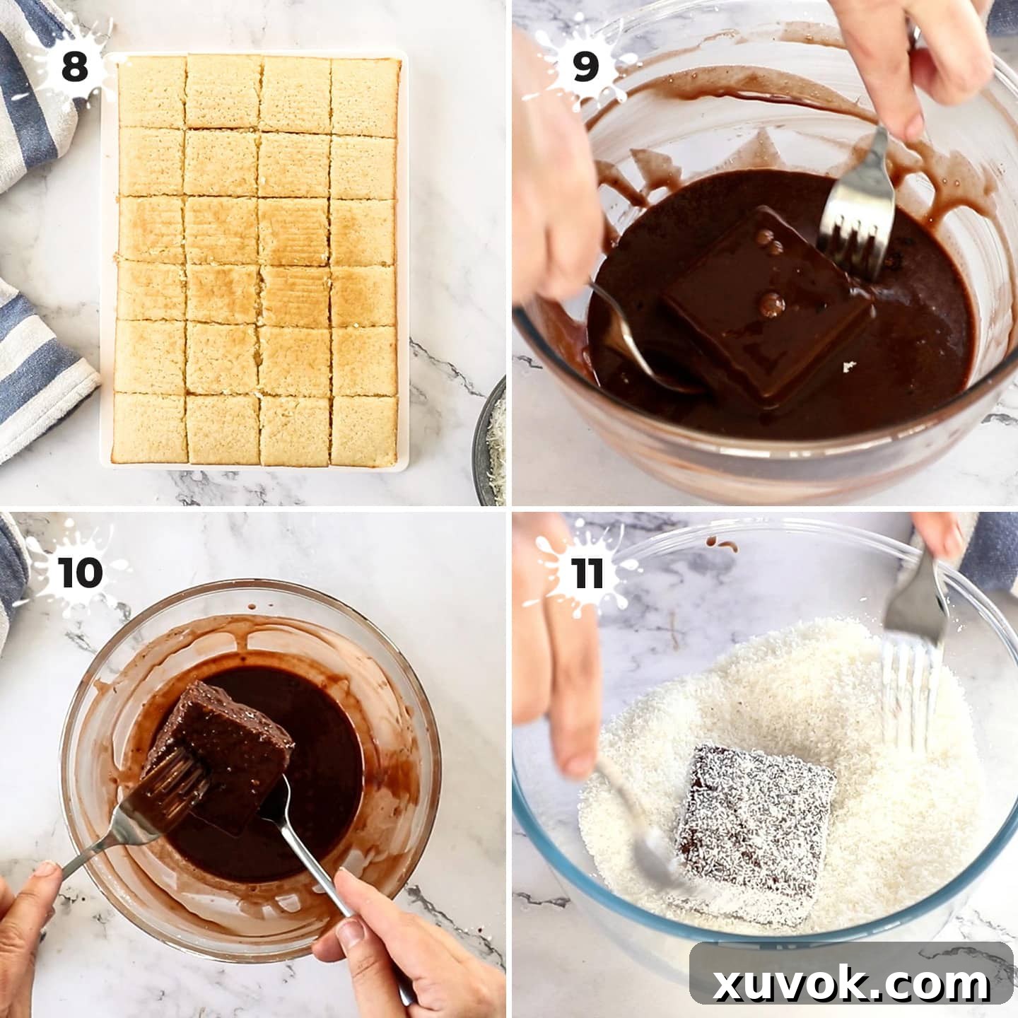 4 images showing how to coat sponge cake for lamingtons in chocolate glaze and coconut.