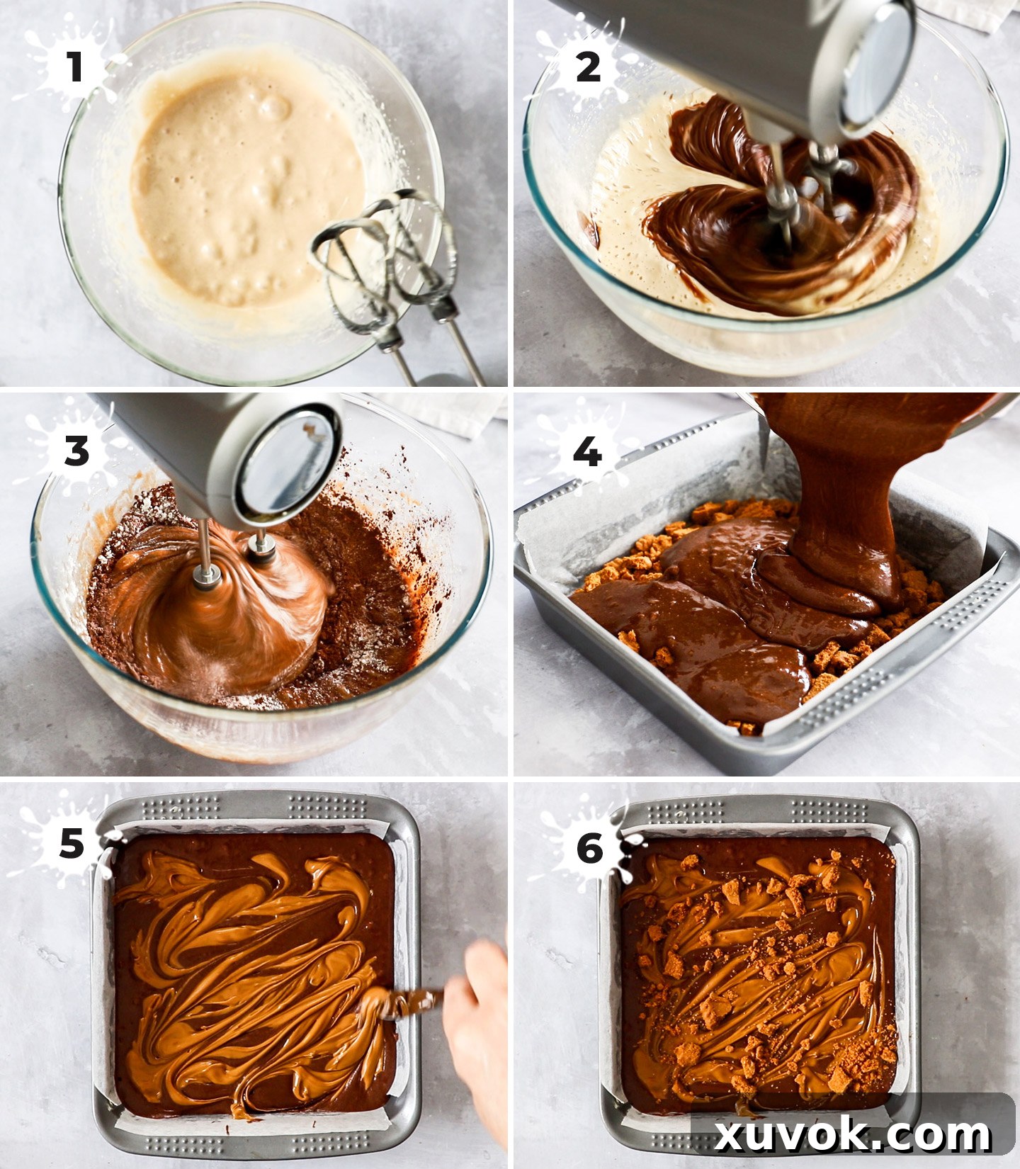 A collage showing how to make the brownies, from mixing ingredients to the final batter in the pan.