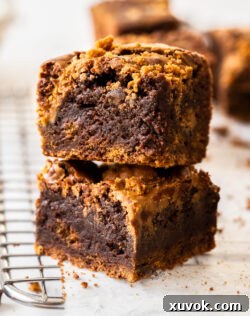 Two stacked Biscoff brownies sitting on a wire rack, showcasing their texture.