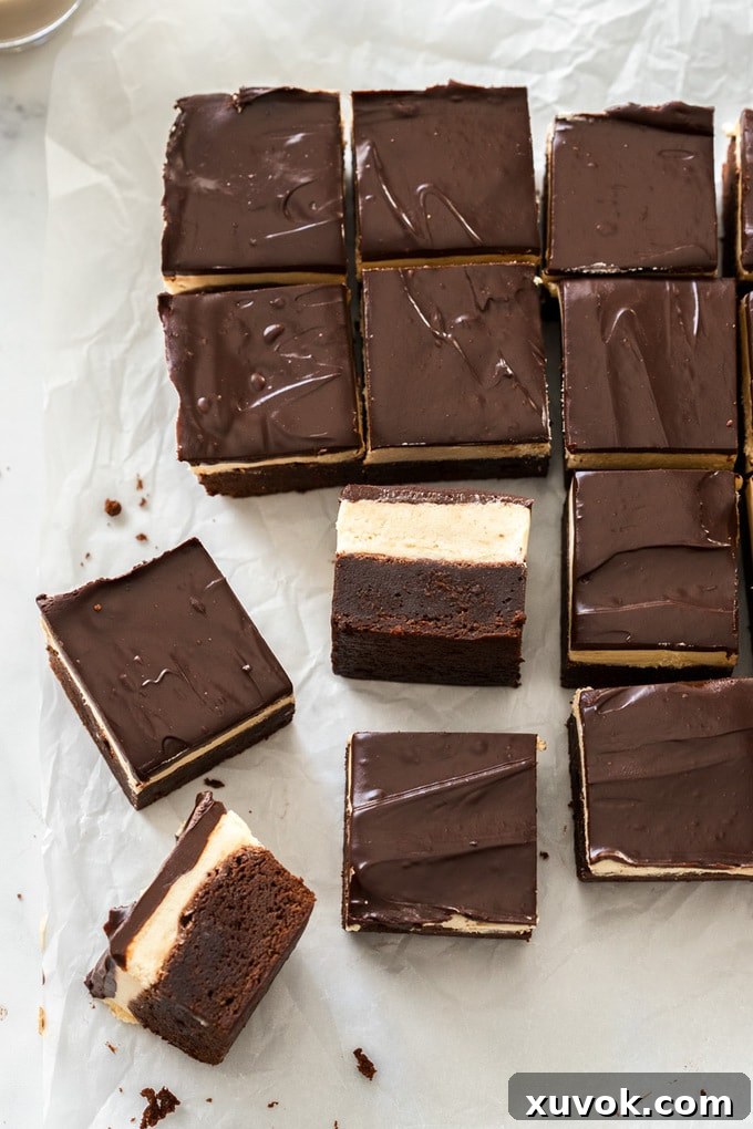 A birds eye view of a batch of freshly baked Baileys brownies on a sheet of baking paper, some turned on their sides to show the thick, rich layers.