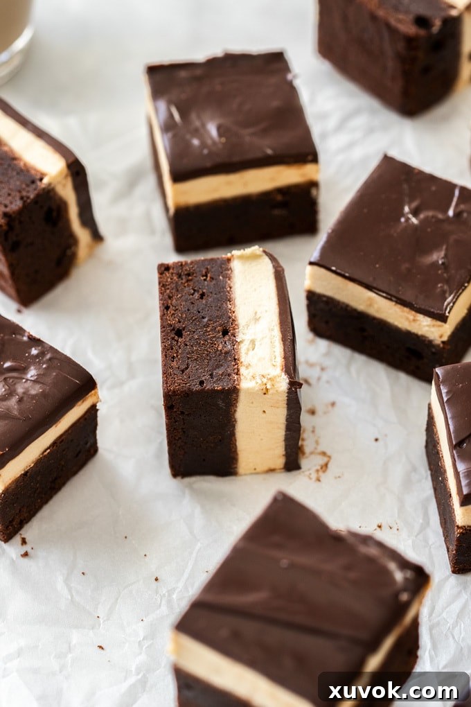 A full batch of Baileys brownies, neatly cut and arranged on a sheet of baking paper, topped with a glistening chocolate ganache.