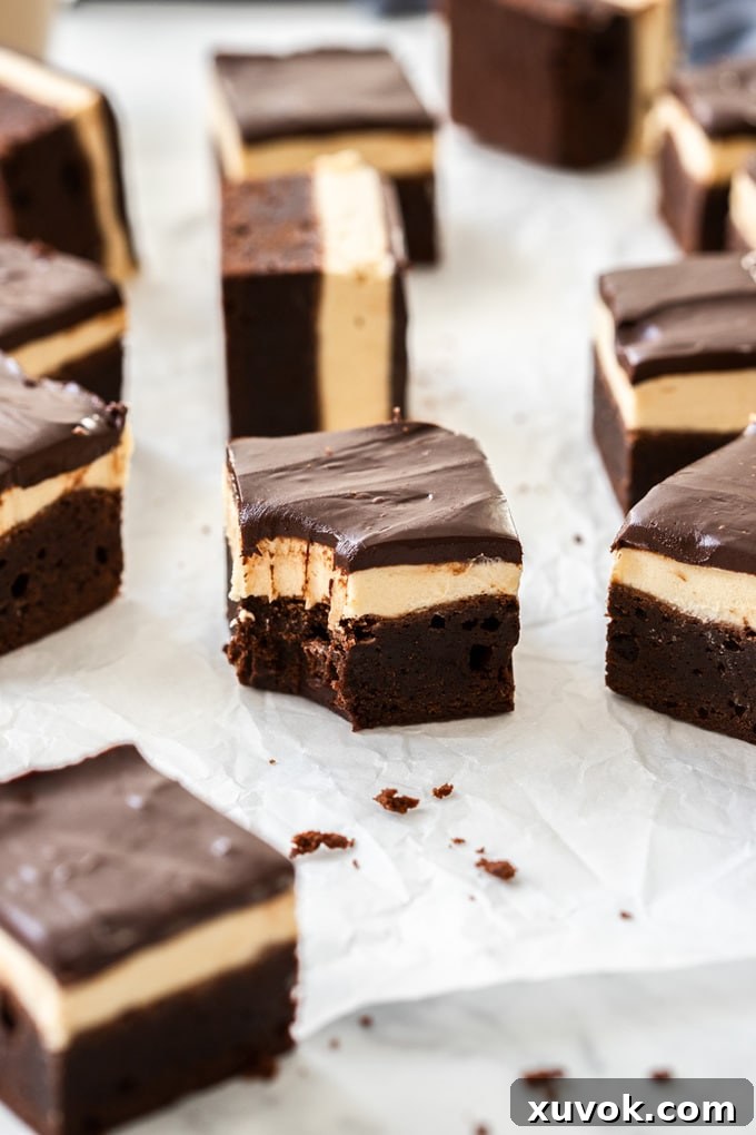 A batch of Baileys brownies on a sheet of baking paper, one brownie has a bite mark revealing its moist, fudgy interior.
