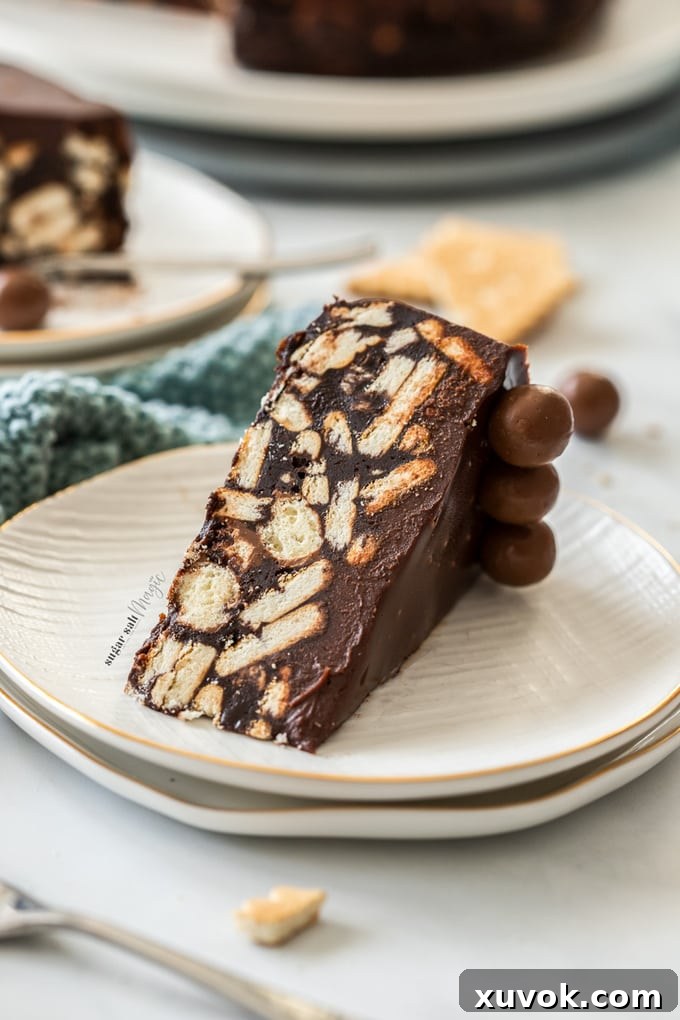 A beautifully presented slice of chocolate fridge cake, showcasing its rich chocolate layers and crunchy biscuit pieces, elegantly placed on a dessert plate.