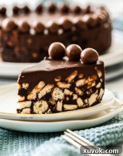 A slice of chocolate fridge cake on a white plate with the rest of the cake in the background