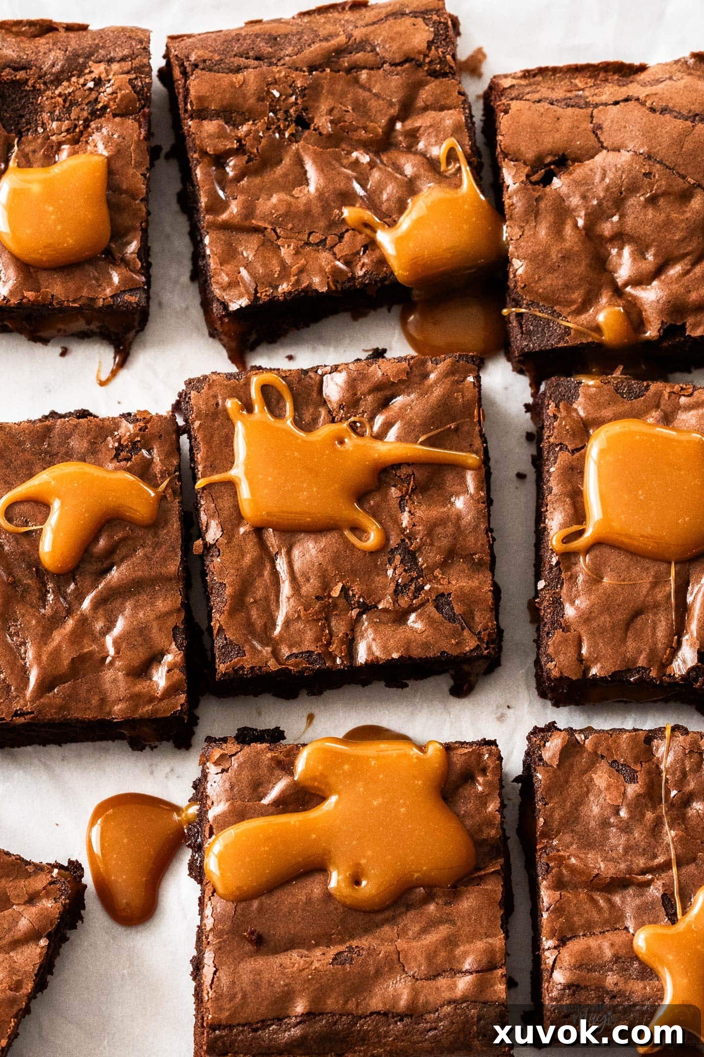 Top down view of 9 chocolate caramel brownies, topped with golden caramel swirls.