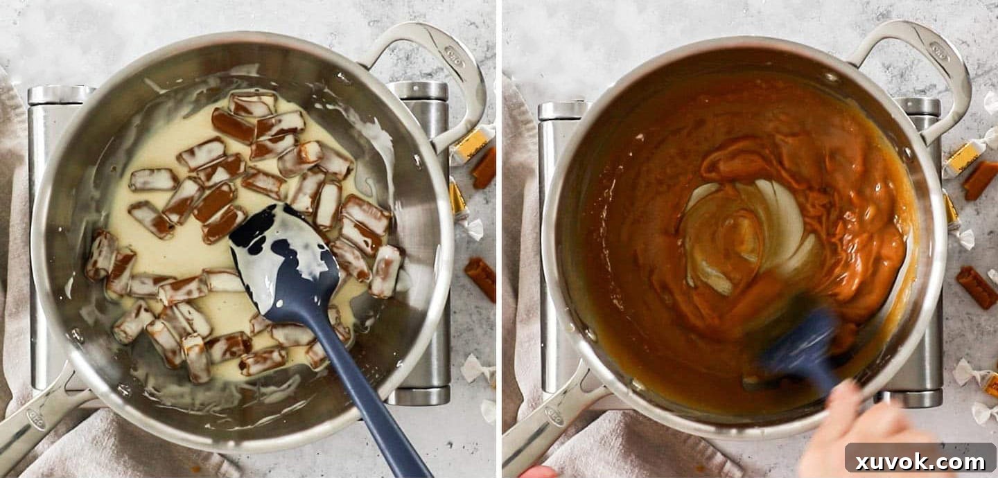 Caramels being stirred into cream in a saucepan, forming a smooth, golden sauce.