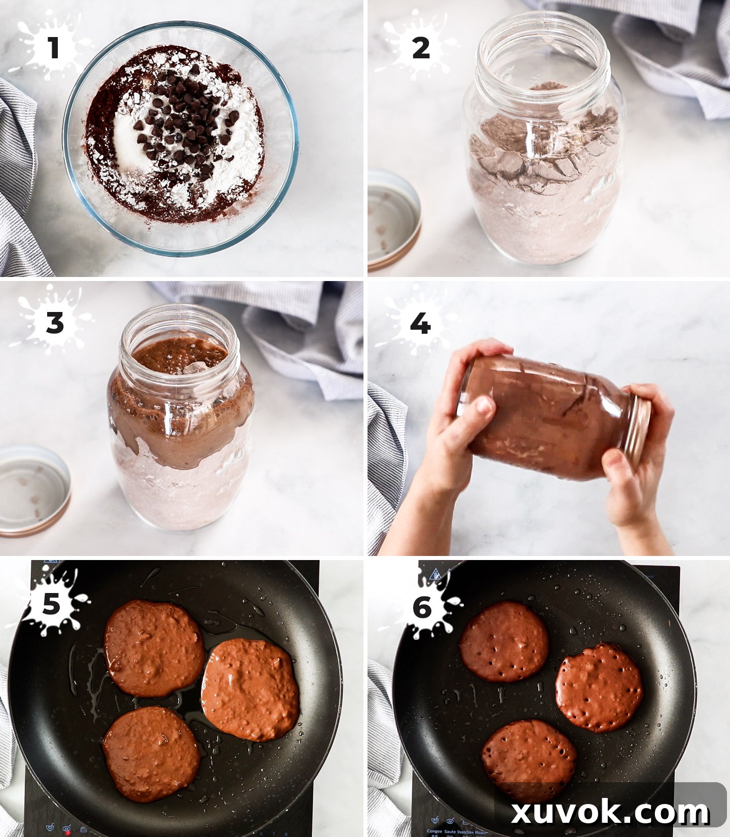 A collage of 6 photos showing the step-by-step process of how to make chocolate pancakes.