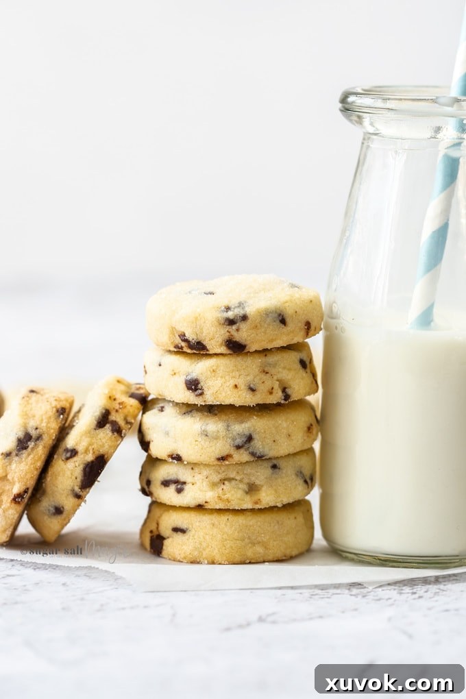A stack of chocolate chip shortbread cookies leaning up against a bottle of milk, highlighting their perfect golden edges and chocolate flecks.