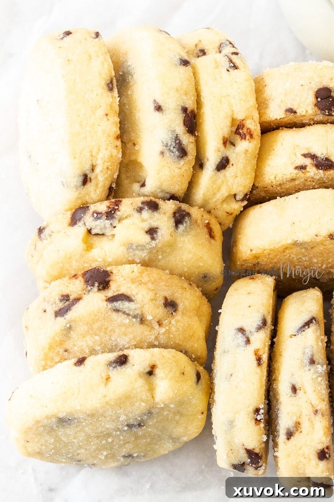 A batch of freshly baked chocolate chip shortbread cookies stacked against each other, ready to be enjoyed.