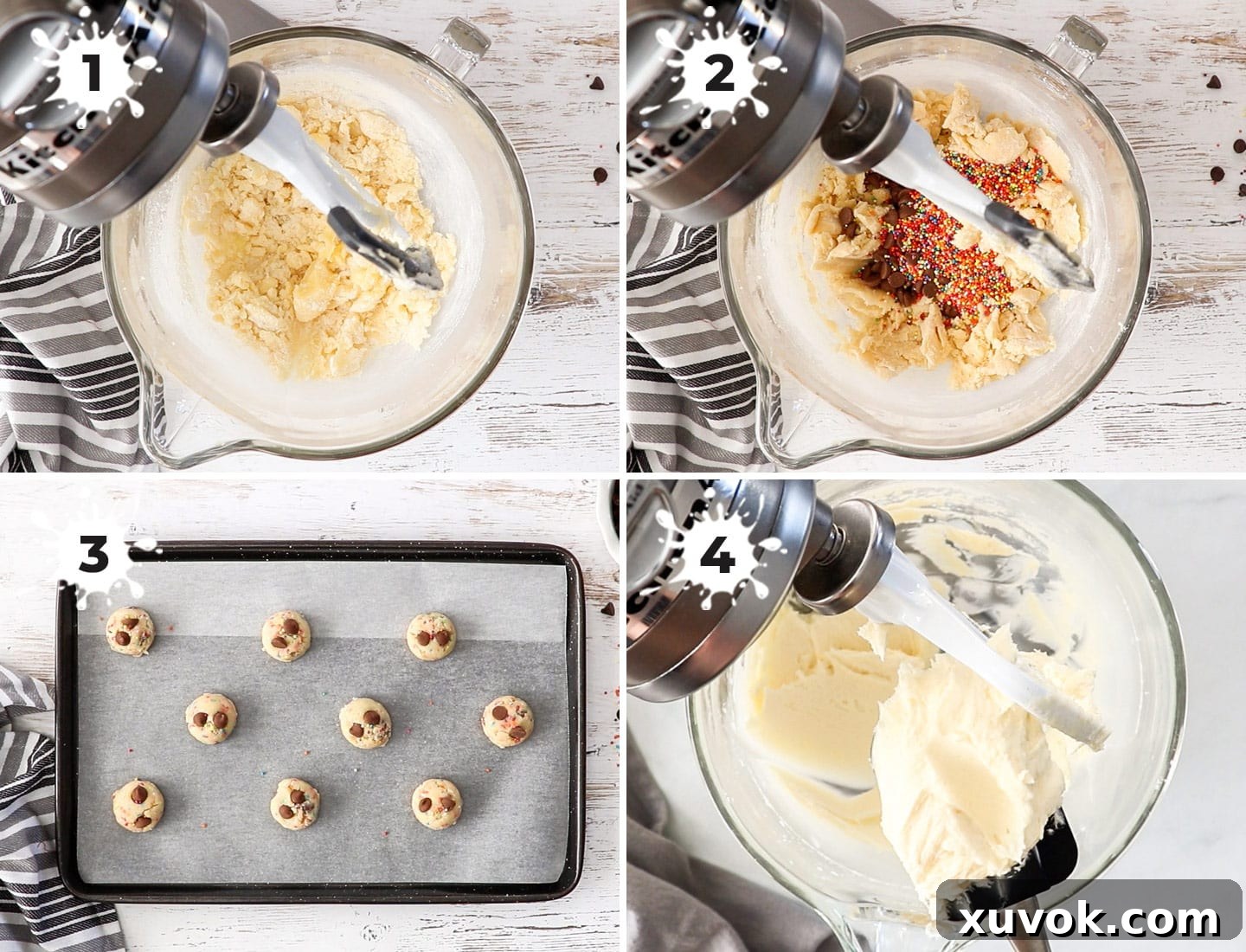 A collage of 4 images showing how to make birthday cake cookies, from mixing to baking.