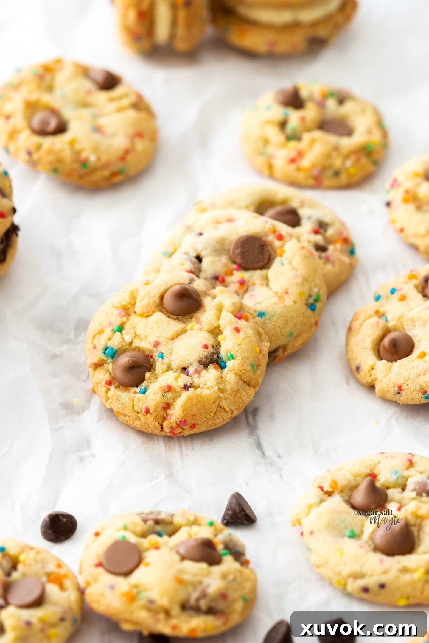 A batch of funfetti cookies with chocolate chips on a sheet of baking paper, fresh from the oven.