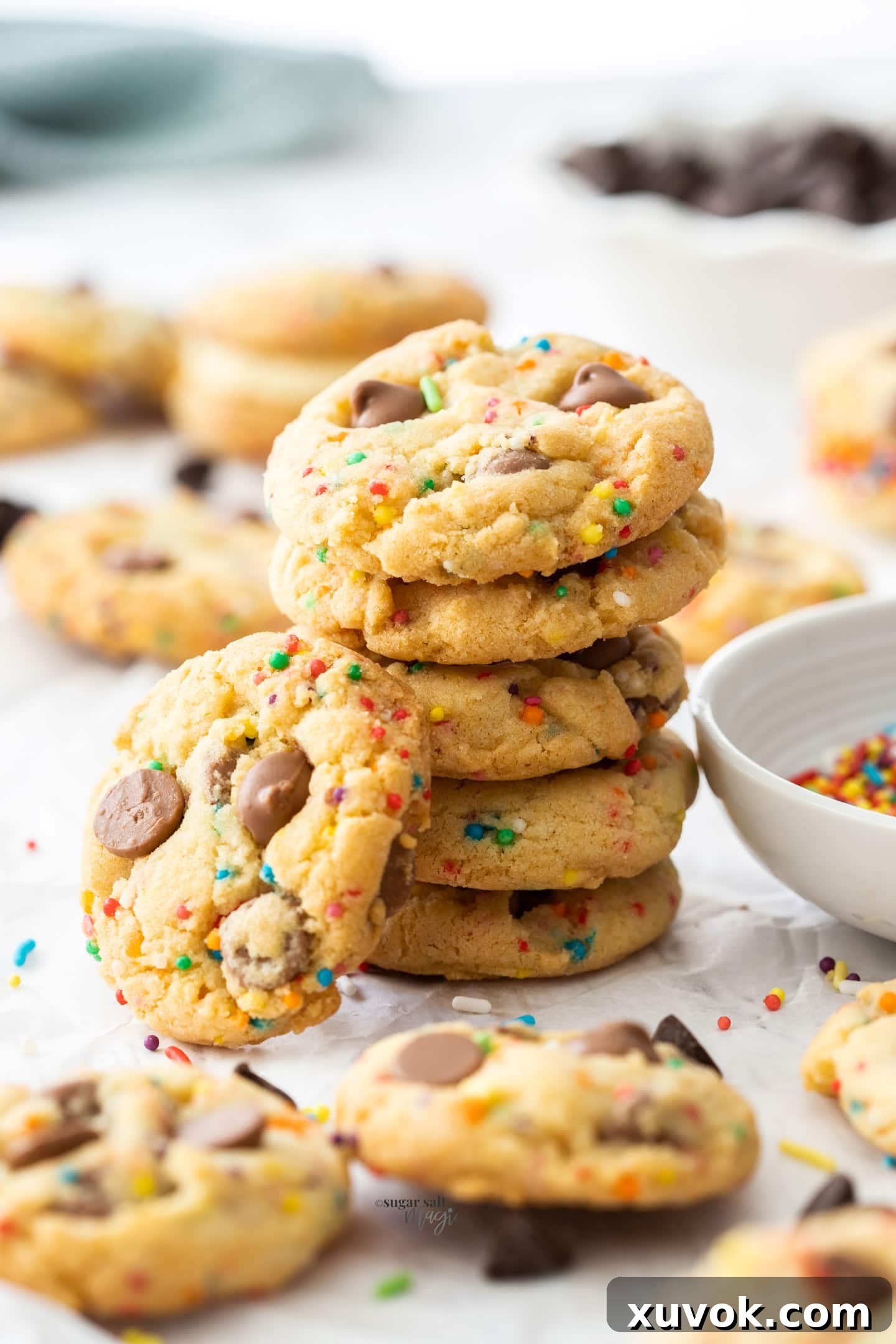 A stack of 6 birthday cake cookies, beautifully arranged.