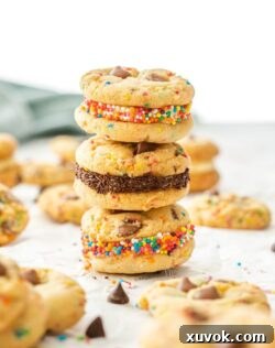 A stack of funfetti cookies surrounded by more and a small bowl of sprinkles