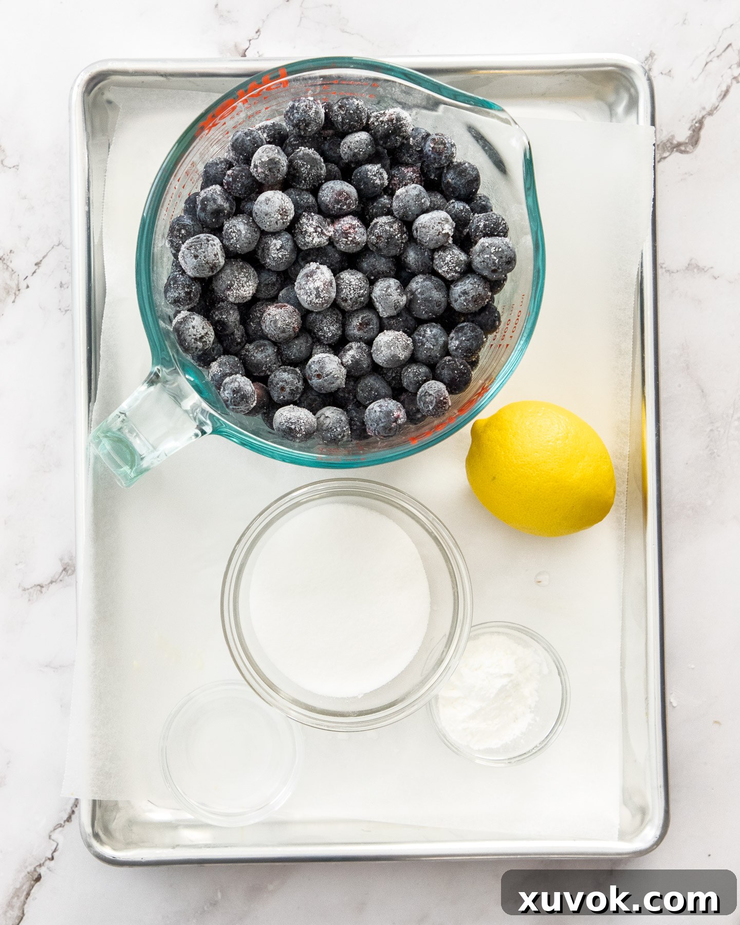 Ingredients for homemade blueberry compote on a baking tray.