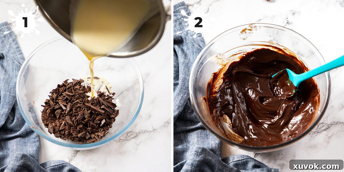 A two-image collage showing the process of making smooth chocolate ganache: on the left, hot cream is poured over chopped chocolate; on the right, the mixture is stirred until glossy and fully combined.