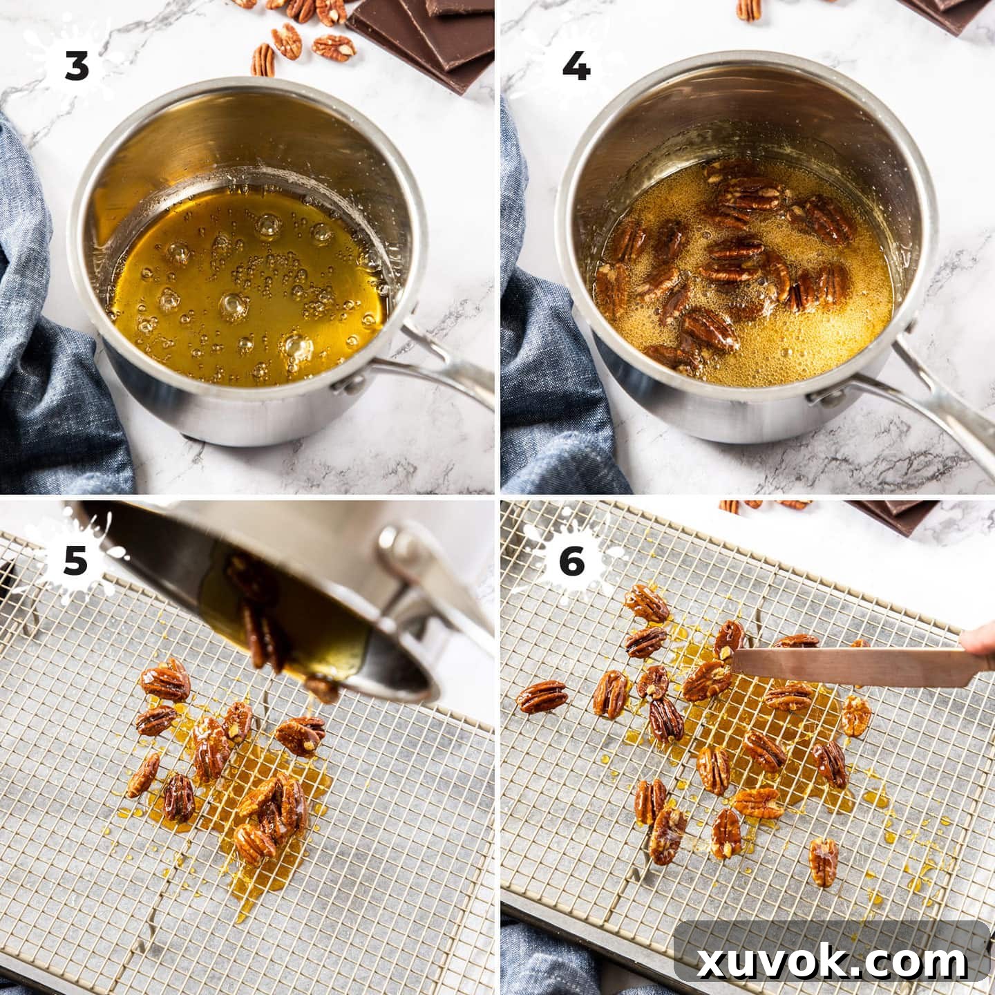 A four-image collage demonstrating how to make candied pecans: (3) sugar and water caramelizing, (4) pecans added to golden caramel, (5) coated pecans spread on an oiled wire rack, (6) individual pecans separated while still warm.