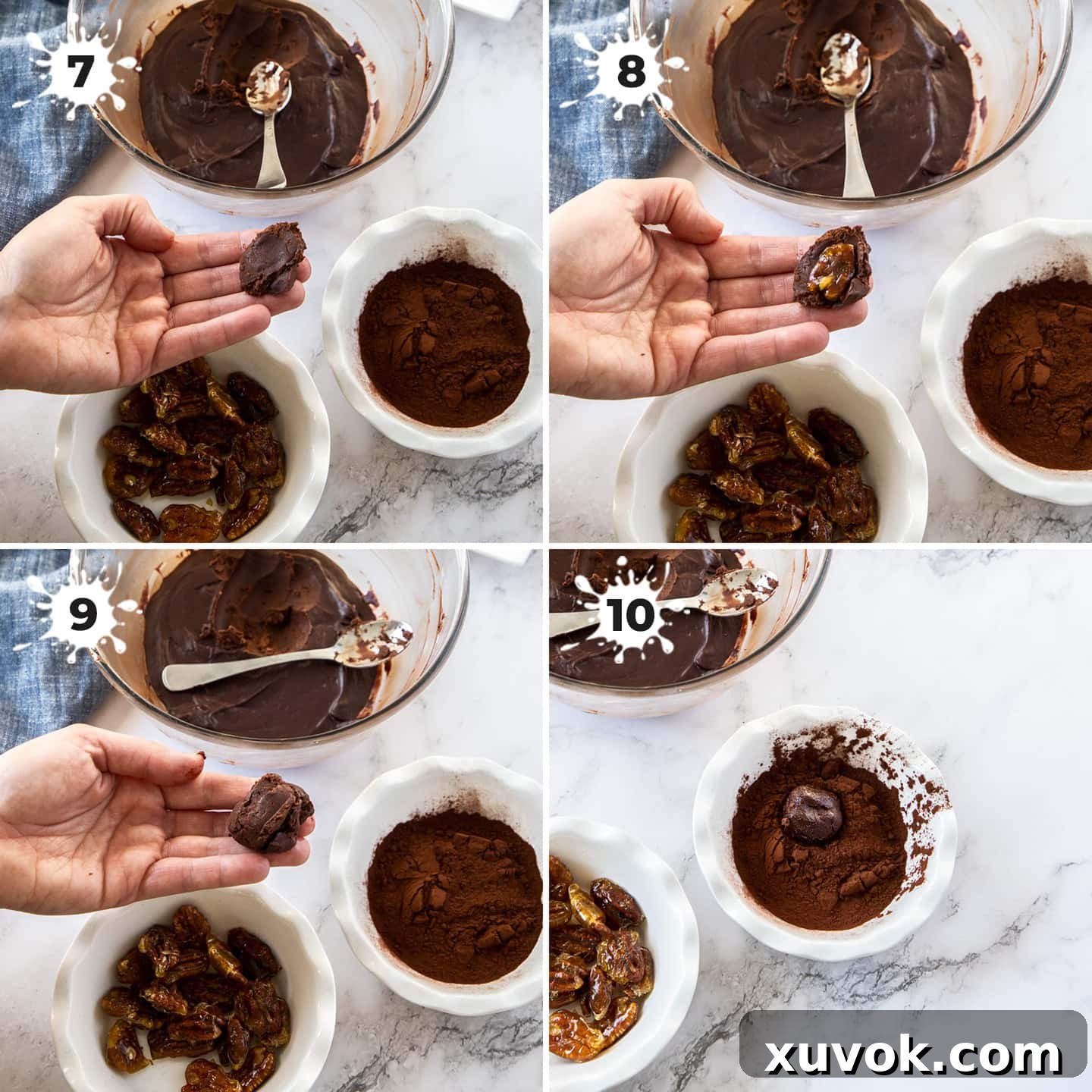 A four-image collage illustrating the assembly of a Toffee Pecan Chocolate Truffle: (7) scooping ganache, (8) pressing a pecan into the center, (9) covering with more ganache, (10) rolling the truffle in cocoa powder.